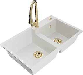 Mexen Tomas granit spoelbak met 2 kamers en keukenmengkraan Elia, wit - 6516-20-670101-50