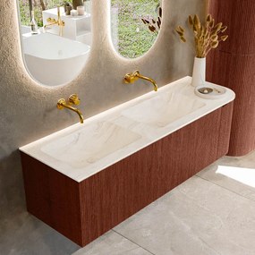 Mondiaz Kurve-dlux 145cm badmeubel ronding rechts ruby met 1 lade en deur en wastafel leaf dubbel/links zonder kraangat ostra