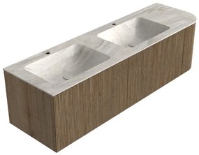 Mondiaz Kurve-dlux 155cm badmeubel ronding rechts dusk met 2 lades en 1 deur en wastafel leaf dubbel/links 2 kraangaten ostra