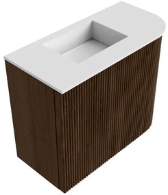 Mondiaz Joya 50cm toiletmeubel ronding rechts walnut met wastafel faye links zonder kraangat talc