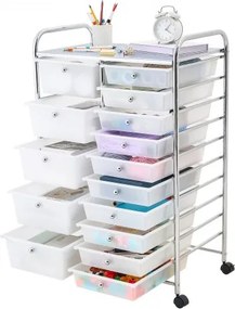 VEVOR rolwagen met 15 laden, dubbele rij opbergcontainer, 635x390x965mm, metalen frame, plank, handgrepen, zwenkwielen met 2 remmen, mobiele opbergwagen voor kantoor, werkplaats, hobbyruimte