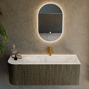 Mondiaz Kurve-dlux 125cm badmeubel ronding links shadow met 1 lade en deur en wastafel big medium kraangat rechts frappe