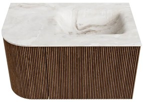 Mondiaz Kurve-dlux 75cm badmeubel ronding links walnut met 1 lade en deur en wastafel grunne rechts zonder kraangat frappe