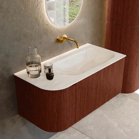 Mondiaz Kurve-dlux 95cm badmeubel ronding links ruby met 1 lade en deur en wastafel big small rechts zonder kraangat ostra