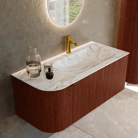 Mondiaz Kurve-dlux 105cm badmeubel ronding links ruby met 1 lade en deur en wastafel big small kraangat rechts glace