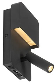 Wandlamp zwart incl. LED met USB en leeslamp met schakelaar - Robin