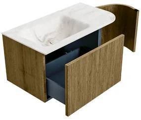 Mondiaz Kurve-dlux 85cm badmeubel ronding rechts dusk met 1 lade en deur en wastafel cloud kraangat links frappe