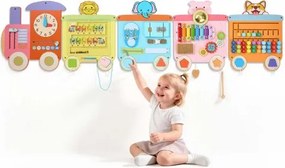 VEVOR Montessori Busy Board 18-in-1 Sensorisch Activiteitenbord van hout, trein, educatief speelgoed voor de vroege kinderontwikkeling thuis, gemaakt van MDF-platen, met xylofoon, klok, tandwielen en leerelementen