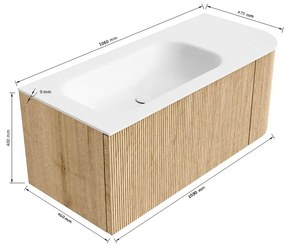 Mondiaz Kurve 105cm badmeubel ronding rechts walnut met 1 lade en deur en wastafel big small kraangat links urban