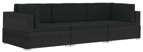 vidaXL 3-delige Loungeset met kussens poly rattan zwart