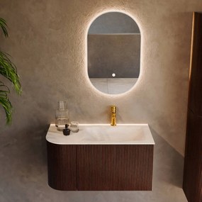 Mondiaz Kurve-dlux 85cm badmeubel ronding links ruby met 1 lade en deur en wastafel cloud kraangat rechts ostra