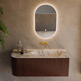 Mondiaz Kurve-dlux 115cm badmeubel ronding links ruby met 1 lade en deur en wastafel big small rechts zonder kraangat glace
