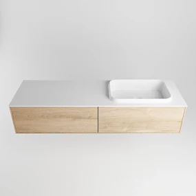 Mondiaz Erin 150cm badmeubel Washed Oak met 2 lades en witte wastafel rechts 1 kraangat
