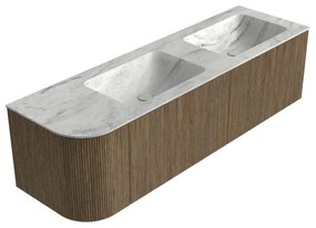 Mondiaz Kurve-dlux 155cm badmeubel ronding links dusk met 2 lades en 1 deur en wastafel leaf dubbel/rechts zonder kraangat opalo