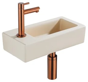 QeramiQ Fuente Fonteinset - 37.5x18.5x9cm - keramiek - kraangat links - fonteinkraan geborsteld koper - afvoerplug - verlaagd sifon - Mat Beige SW1122452/SW799405/SW799403/SW970033