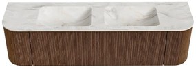 Mondiaz Kurve-dlux 170cm badmeubel ronding links/rechts walnut met 1 lade en 2 deuren en wastafel leaf dubbel 2 kraangaten ostra