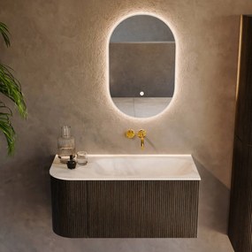 Mondiaz Kurve-dlux 95cm badmeubel ronding links shadow met 1 lade en deur en wastafel big small rechts zonder kraangat ostra