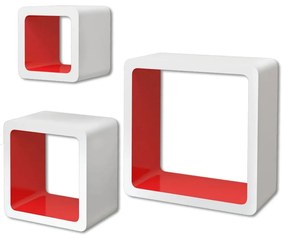vidaXL Wandplanken kubus MDF zwevend voor boeken/dvd 3 st wit-rood