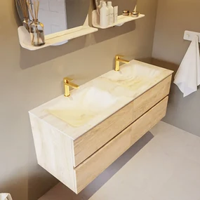 Mondiaz Vica DLux badmeubel 130cm washed oak 4 lades met wastafel ostra dubbel 2 kraangaten