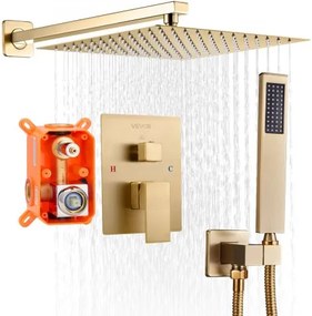 VEVOR Douchekraan Regendouchesysteem voor Badkamer Douchesysteem met 254 mm Vierkante Regendouchekop &amp; Handdouche, Wandgemonteerde Badkamerkranen met Messing Klep &amp; Afwerkingsset, Geborsteld Goud