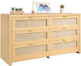 VEVOR Rattan Commode met 6 Laden en Metalen Handgrepen, Moderne Rattan Kast voor Slaapkamer, Woonkamer, Hal (144,5 x 45 x 79,5 cm) Kledingkast met Laden