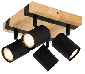 Smart plafondSpot / Opbouwspot / Plafondspot zwart met hout 4-lichts draai- en kantelbaar incl. Wifi GU10 50mm - Jeana Modern GU10 Scandinavisch vierkant Binnenverlichting Lamp