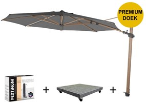 Siesta premium zweefparasol 350 cmØ houtlook frame charcoal met 90KG voet en hoes 4 seasons outdoor