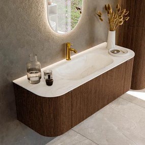 Mondiaz Kurve-dlux 130cm badmeubel ronding links/rechts walnut met 1 lade en 2 deuren en wastafel big small midden 1 kraangat ostra