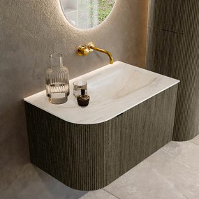 Mondiaz Kurve-dlux 75cm badmeubel ronding links shadow met 1 lade en deur en wastafel grunne rechts zonder kraangat ostra
