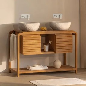 Bradley Teakhouten Badkamermeubelset 2 X Onregelmatige In Wit Cement ↔︎40 Cm Fedro & Spiegelloze & 2 X Wit Ingebed - Sklum