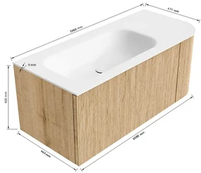 Mondiaz Kurve 105cm badmeubel ronding rechts oak met 1 lade en deur en wastafel big small links zonder kraangat