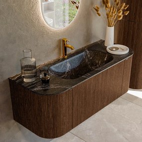 Mondiaz Kurve-dlux 120cm badmeubel ronding links/rechts walnut met 1 lade en 2 deuren en wastafel big small midden 1 kraangat lava