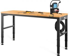 VEVOR Verstelbare Werkbank, 122 cm L x 51 cm B x 97 cm H Garagetafel met 71-97 cm Hoogte en 914 kg Draagvermogen, met Stopcontacten en Hardhouten Blad en Metalen Frame en Voetkussentjes, voor Kantoor, Thuis, Garage