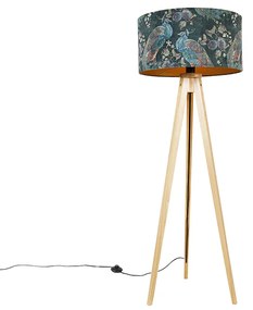 Moderne vloerlamp hout stoffen kap pauw 50 cm - Tripod Classic