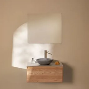 Tedrik Zwevend Badkamermeubelset 80x50 Cm In Essenhout Ash Brown & Rond Grijs Cement Ø40 Cm Tarsis & Rechthoekige Led En Anticondens 80x70 Cm Riben -