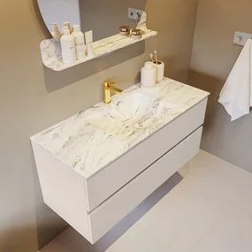 Mondiaz Vica DLux badmeubel 110cm linen 2 lades met wastafel glace midden 1 kraangat