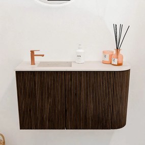 Mondiaz Joya DLux 70cm toiletmeubel ronding rechts walnut met wastafel faye links 1 kraangat meli
