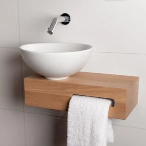 Wiesbaden Oak houten toiletset compleet met Hotbath inbouwkraan, Wiesbaden waskom mat wit links, houten blad, sifon en afvoerplug chroom sw1175/sw23941/sw296051/sw440854/sw450729/