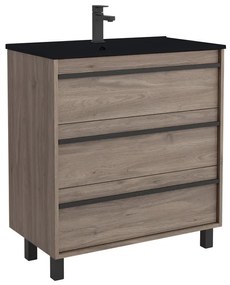 Muebles Resh badkamermeubel donker eiken 80cm met zwarte wastafel en kraangat