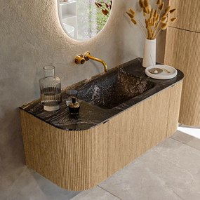 Mondiaz Kurve-dlux 110cm badmeubel ronding links/rechts oak met 1 lade en 2 deuren en wastafel cloud midden zonder kraangat lava