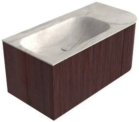 Mondiaz Kurve-dlux 95cm badmeubel ronding rechts ruby met 1 lade en deur en wastafel big small links zonder kraangat ostra