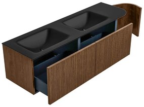 Mondiaz Kurve 155cm badmeubel ronding rechts walnut met 2 lades en 1 deur en wastafel cloud dubbel/links 2 kraangaten urban