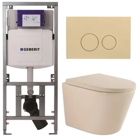 QeramiQ Dely Toiletset - 36.3x51.7cm - diepspoel - rimless - Geberit UP320 inbouwreservoir - softclose toilet zitting 35 mm - bedieningsplaat beige - ronde knoppen - mat beige SW1000764/SW1000771/0701131/SW1102365
