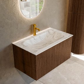 Mondiaz Kurve-dlux 80cm badmeubel walnut met 1 lade en wastafel big small midden 1 kraangat glace