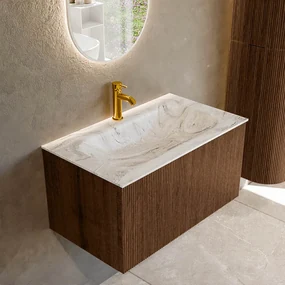 Mondiaz Kurve-dlux 80cm badmeubel walnut met 1 lade en wastafel big small midden 1 kraangat glace