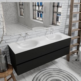 Zaro Sevilla Solid Surface badmeubel 150cm mat zwart geen kraangat met 2 lades dubbele spoelbak