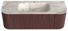 Mondiaz Kurve-dlux 130cm badmeubel ronding links/rechts ruby met 1 lade en 2 deuren en wastafel big small midden 1 kraangat frappe