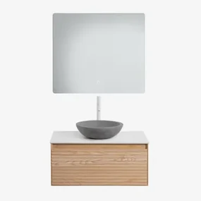 Tedrik Badkamermeubelset In Essenhout Ash Brown & Rond Grijs Cement Ø40 Cm Tarsis & Rechthoekige Led En Anticondens 80x70 Cm Gualar & Wit - Sklum