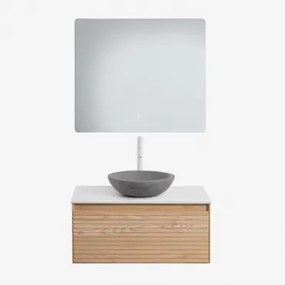 Tedrik Zwevend Badkamermeubelset 80x50 Cm In Essenhout Ash Brown & Rond Grijs Cement Ø40 Cm Tarsis & Rechthoekige Led En Anticondens 80x70 Cm Riben -