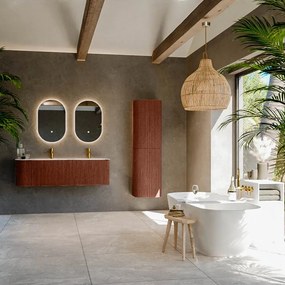 Mondiaz Kurve-dlux 145cm badmeubel ronding links ruby met 1 lade en deur en wastafel leaf dubbel/rechts 2 kraangaten opalo